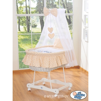 Babywieg op Wielen / Rieten Kribbe met Hemeltje -  Beige Gelukkige Uilen