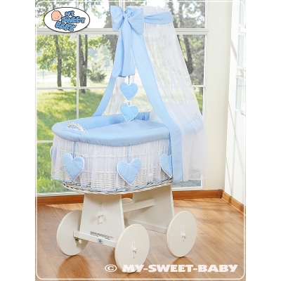 Babywieg op Wielen / Rieten Kribbe met Hemeltje Blauw Amelie