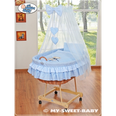 Babywieg op Wielen / Rieten Kribbe met Hemeltje -  Blauw Bear With Bow
