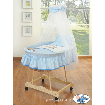 Babywieg op Wielen / Rieten Kribbe met Hemeltje -  Blauw Teddy Bear Branaba