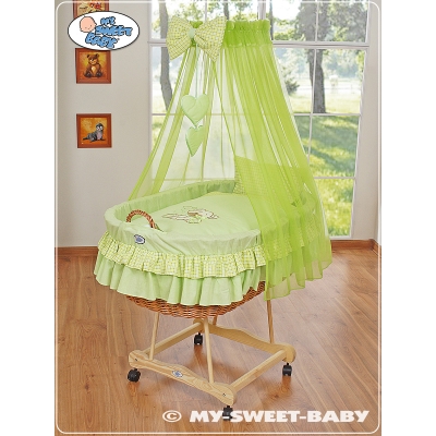 Babywieg op Wielen / Rieten Kribbe met Hemeltje -  Groen Bear With Bow