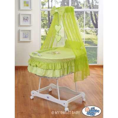 Babywieg op Wielen / Rieten Kribbe met Hemeltje -  Groen Bear With Bow