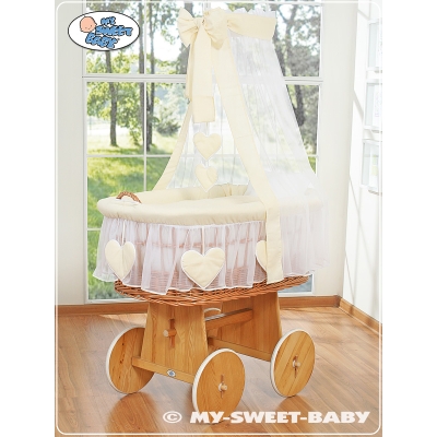 Babywieg op Wielen / Rieten Kribbe met Hemeltje Ivoor Amelie