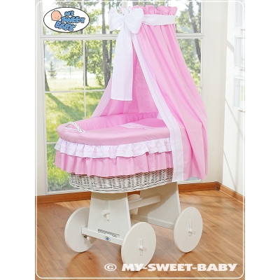 Babywieg op Wielen / Rieten Kribbe met Hemeltje Roze Bellamie