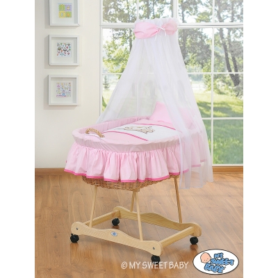 Babywieg op Wielen / Rieten Kribbe met Hemeltje -  Roze Teddy Bear Branaba
