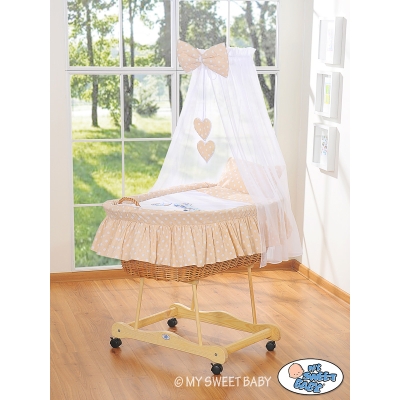 Babywieg op Wielen / Rieten Wieg met Hemeltje -  Beige Gelukkige Uilen