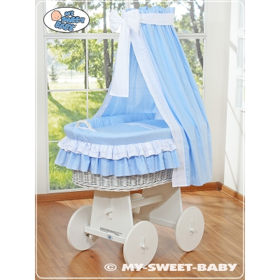 Babywieg op Wielen / Rieten Wieg met Hemeltje Blauw Bellamie