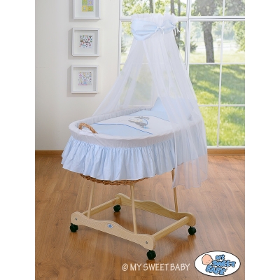 Babywieg op Wielen / Rieten Wieg met Hemeltje -  Blauw Ezel Luca