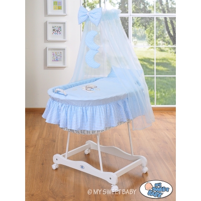 Babywieg op Wielen / Rieten Wieg met Hemeltje -  Blauw Welterusten