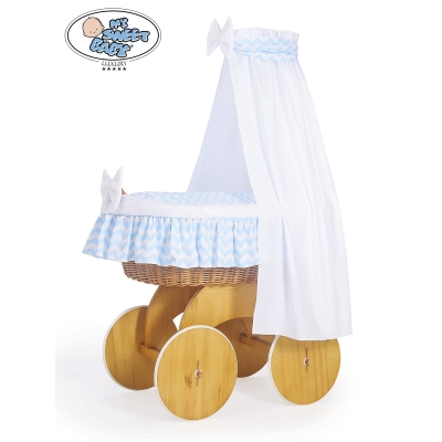 Babywieg op Wielen / Rieten Wieg met Hemeltje Blauw Zigzag Hanna