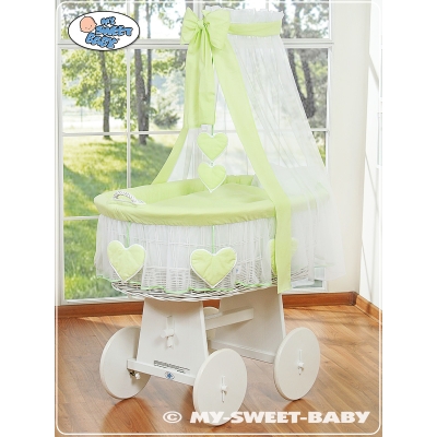 Babywieg op Wielen / Rieten Wieg met Hemeltje Groen
