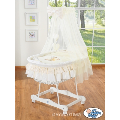 Babywieg op Wielen / Rieten Wieg met Hemeltje -  Ivoor Bear With Bow