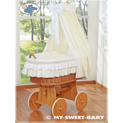 Babywieg op Wielen / Rieten Wieg met Hemeltje Ivoor Bellamie