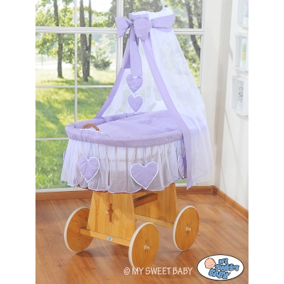 Babywieg op Wielen / Rieten Wieg met Hemeltje Purper Amelie