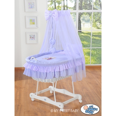 Babywieg op Wielen / Rieten Wieg met Hemeltje -  Purper Bear With Bow