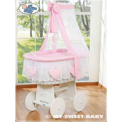 Babywieg op Wielen / Rieten Wieg met Hemeltje Roze Amelie