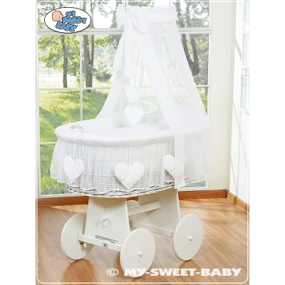 Babywieg op Wielen / Rieten Wieg met Hemeltje Wit Amelie