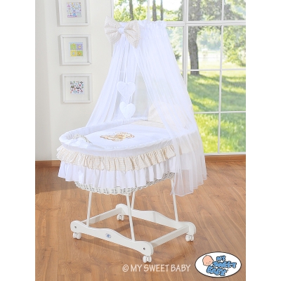 Babywieg op Wielen / Rieten Wieg met Hemeltje -  Wit Bear With Bow