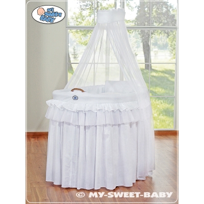 Babywieg op Wielen / Rieten Wieg met Hemeltje -  Wit Little Prince Princess