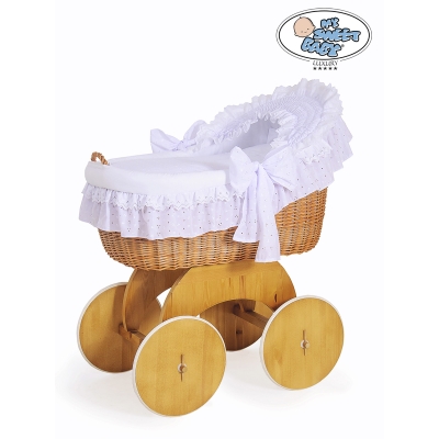 Babywieg op Wielen / Rieten Wieg met Kap Wit Lelie
