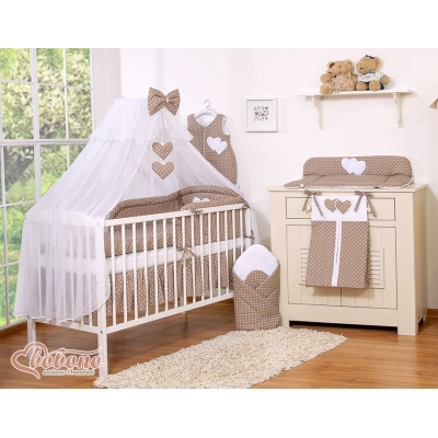 Beddengoed voor Babybed 11 st met Hemel Klamboe - Harten Bruin Polkaprikker