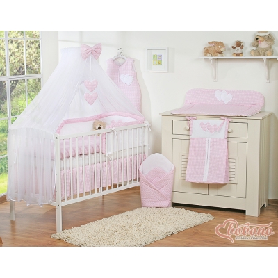 Beddengoed voor Babybed 11 st met Hemel Klamboe - Harten Roze Geruit