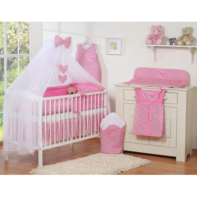 Beddengoed voor Babybed 7 st met Hemel Klamboe - Harten Roze Geruit