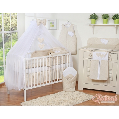 Beddengoedset voor Ledikant 11 st met Muskietennet met sluierstang - Harten Beige Polkaprikker