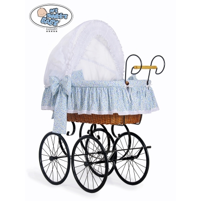Brocante Babywiegje Rotan Wit Blauw Jasmijn