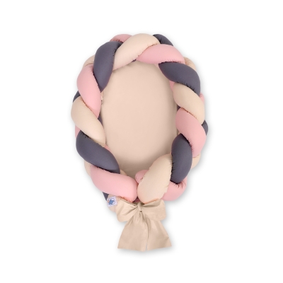 Gevlochten Babynest Geknoopte Bedbumper & Matras 2 in 1 Beige Antraciet Stofroze