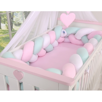 Gevlochten Extra Dikke Lange Bedbumper voor Ledikant XXL 3,6 m Mint Roze Wit