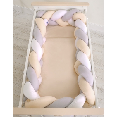Gevlochten Extra Dikke Lange Bedbumper voor Ledikant XXL 3,6 m Wit Grijs Beige