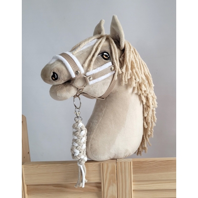 Halster A3 met wit bont en Gevlochten paardenlijn voor Stokpaard Wit Beige