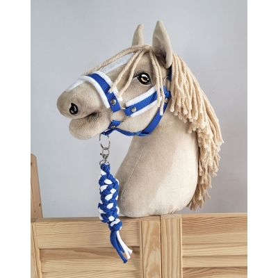 Halster A3 met wit bont en Gevlochten paardenlijn voor Stokpaard Wit Blauw