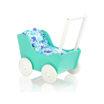 Houten Poppenwagen met Dekentje Mint Wit