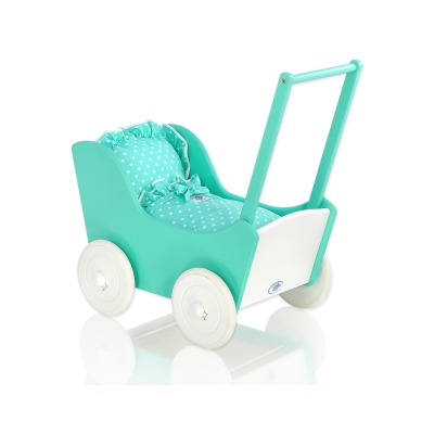 Houten Poppenwagen met Dekentje Mint Wit