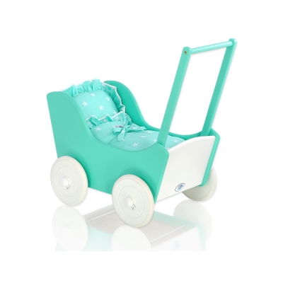 Houten Poppenwagen met Dekentje Mint Wit
