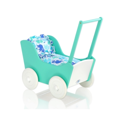 Houten Poppenwagen met Dekentje Mint Wit