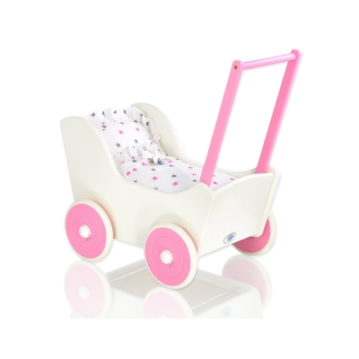 Houten Poppenwagen met Dekentje Wit