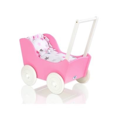 Houten Poppenwagen met Dekentje Wit