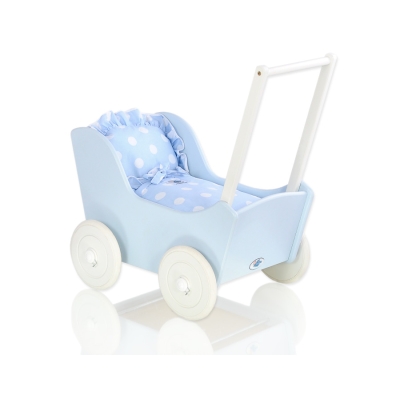 Houten Poppenwagen met Dekentje Wit Blauw