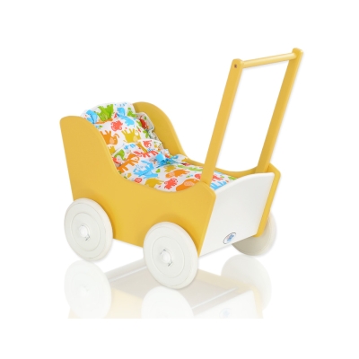 Houten Poppenwagen met Dekentje Wit Geel