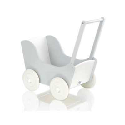 Houten Poppenwagen met Dekentje Wit Grijs