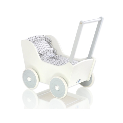 Houten Poppenwagen met Dekentje Wit Grijs