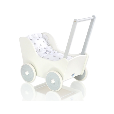 Houten Poppenwagen met Dekentje Wit Grijs