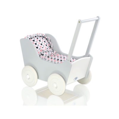 Houten Poppenwagen met Dekentje Wit Grijs