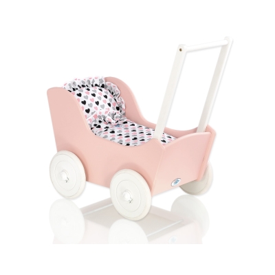 Houten Poppenwagen met Dekentje Wit Poederroze