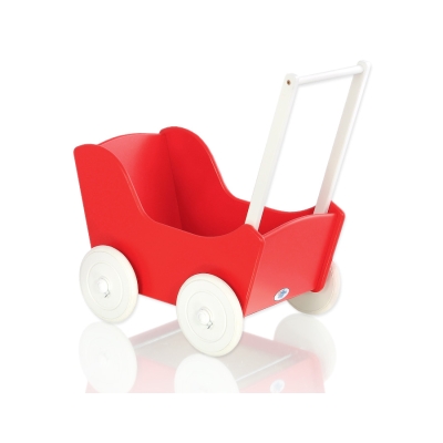 Houten Poppenwagen met Dekentje Wit Rood