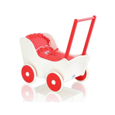 Houten Poppenwagen met Dekentje Wit Rood