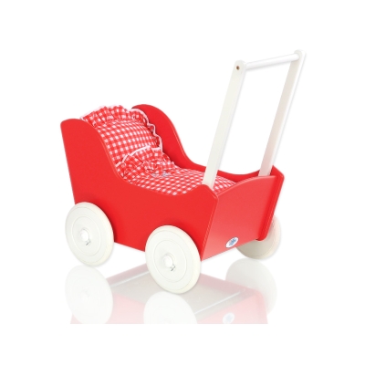 Houten Poppenwagen met Dekentje Wit Rood